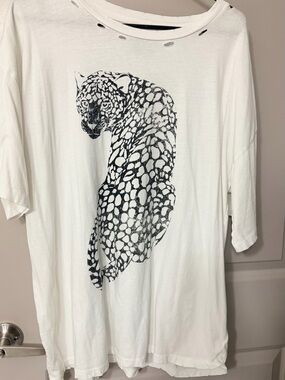 Promesa White Short-Sleeve Tee with Black Leopard Graphic